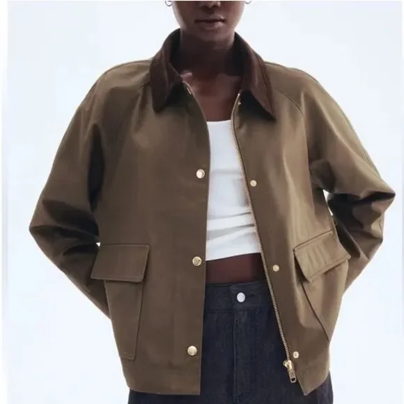 H&M Olive army Green oversized barn jacket corduroy collar - Picture 2 of 10